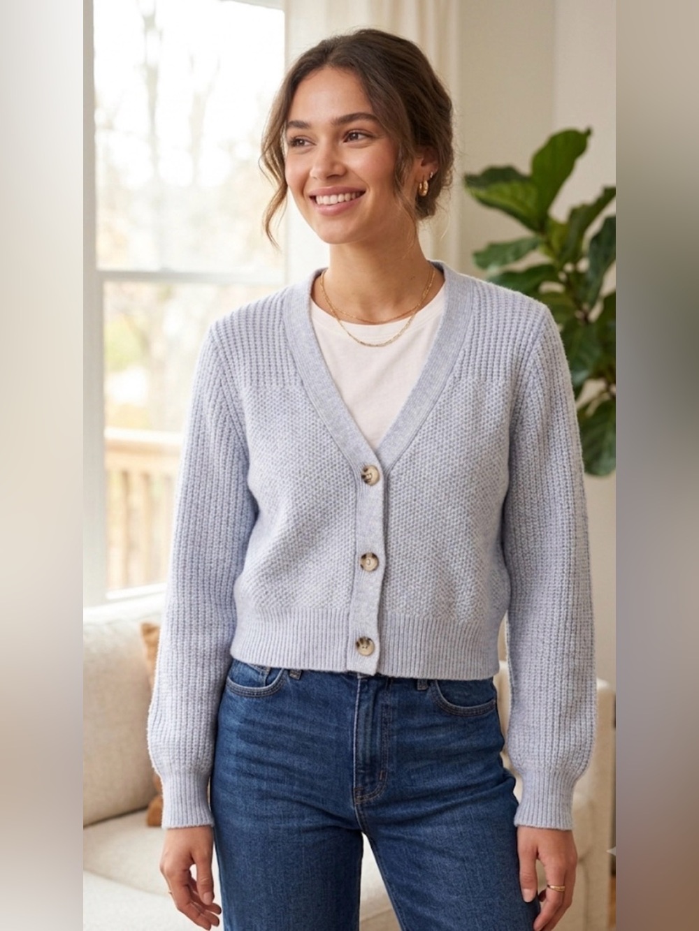 Ruby Moon Light Blue Button Front Cropped Cardigan